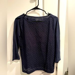 Ann Taylor Loft navy 3/4 sleeve eyelet top MP